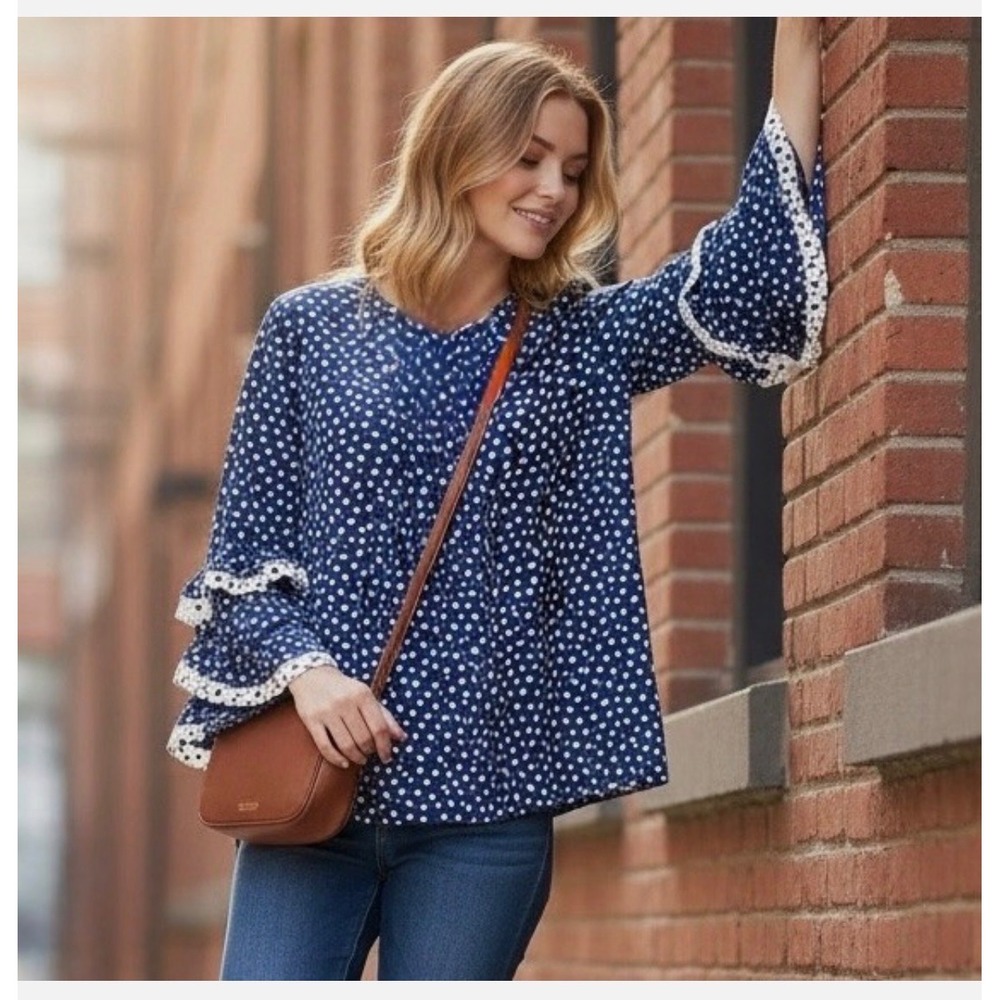 Soft Surroundings Navy Polka Dot Tiered Bell Sleeve Lace Trim Blouse Medium